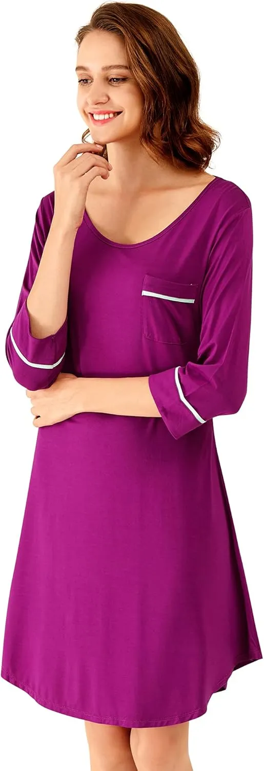 WiWi Bamboo Viscose Nightgowns for Women 3/4 Sleeve Nightshirts Sleep Shirt Plus Size Sleepwear Pajamas Dress S-4X