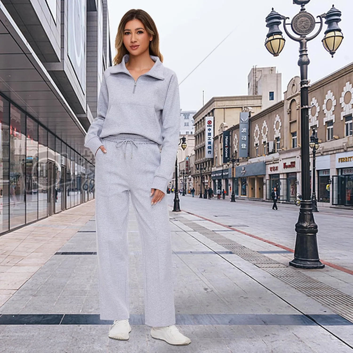Women 2 Piece Outfits Sweatsuit Set Spring Half Zip Sweatshirts Wide Leg SweatpantvFall Loung Set Tracksuit