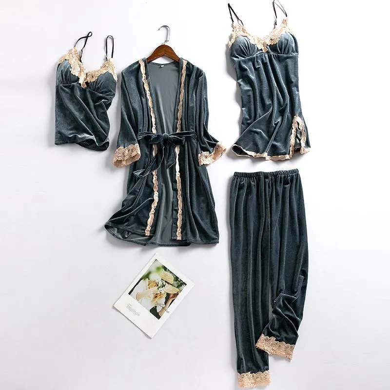 Women New Velvet Pajama Suit Lace Sleepwear Set Sexy Nightwear Kimono Bathrobe Gown Faux Silk PJS Lounge Wear With Pads