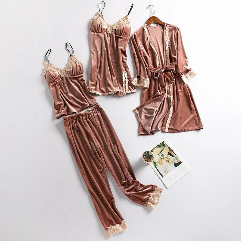 Women New Velvet Pajama Suit Lace Sleepwear Set Sexy Nightwear Kimono Bathrobe Gown Faux Silk PJS Lounge Wear With Pads