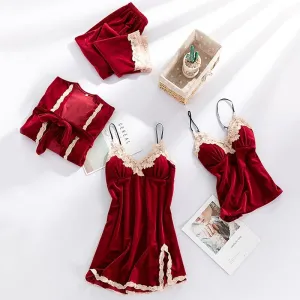 Women New Velvet Pajama Suit Lace Sleepwear Set Sexy Nightwear Kimono Bathrobe Gown Faux Silk PJS Lounge Wear With Pads