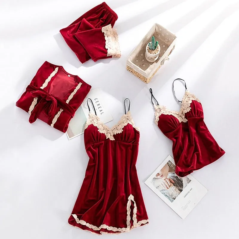 Women New Velvet Pajama Suit Lace Sleepwear Set Sexy Nightwear Kimono Bathrobe Gown Faux Silk PJS Lounge Wear With Pads
