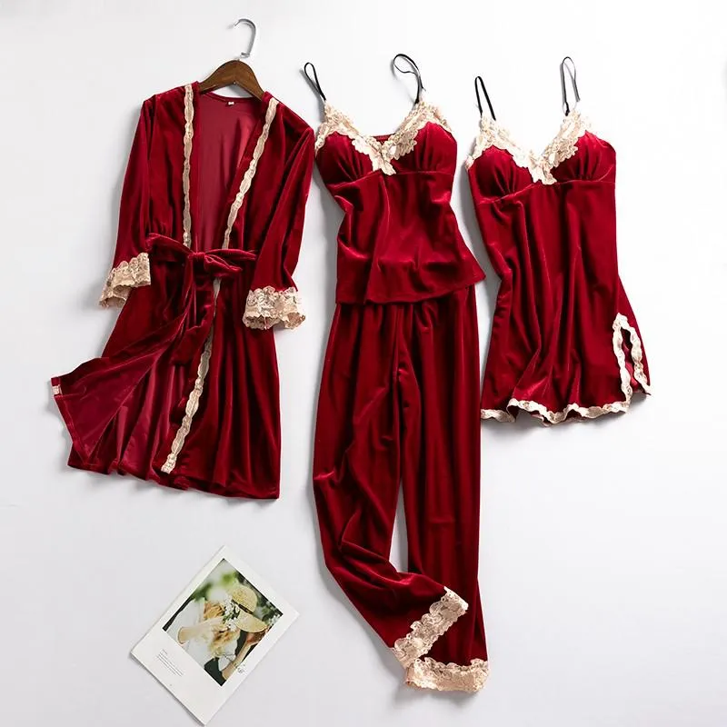 Women New Velvet Pajama Suit Lace Sleepwear Set Sexy Nightwear Kimono Bathrobe Gown Faux Silk PJS Lounge Wear With Pads