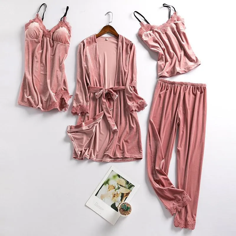Women New Velvet Pajama Suit Lace Sleepwear Set Sexy Nightwear Kimono Bathrobe Gown Faux Silk PJS Lounge Wear With Pads