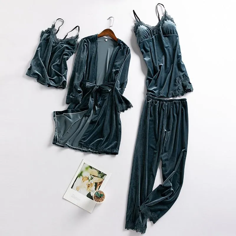 Women New Velvet Pajama Suit Lace Sleepwear Set Sexy Nightwear Kimono Bathrobe Gown Faux Silk PJS Lounge Wear With Pads