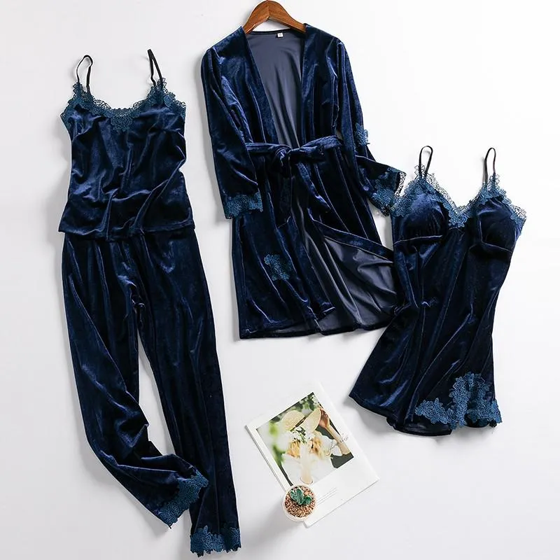 Women New Velvet Pajama Suit Lace Sleepwear Set Sexy Nightwear Kimono Bathrobe Gown Faux Silk PJS Lounge Wear With Pads
