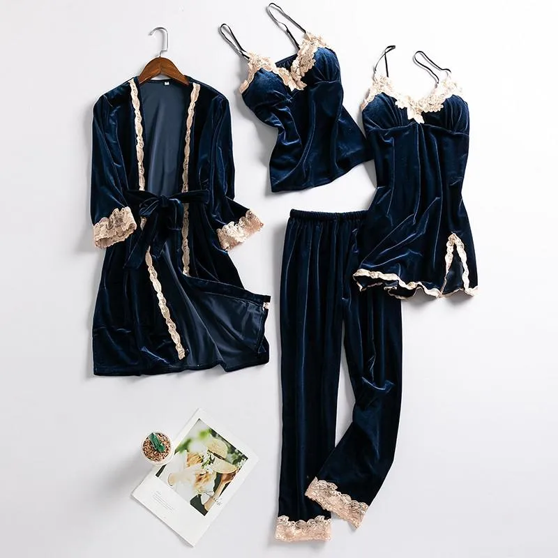 Women New Velvet Pajama Suit Lace Sleepwear Set Sexy Nightwear Kimono Bathrobe Gown Faux Silk PJS Lounge Wear With Pads
