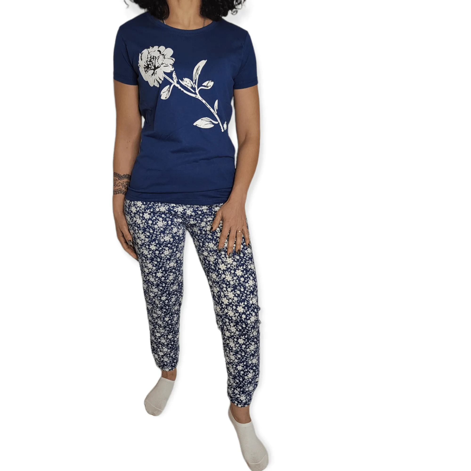 Women Pajama Set - Dark Blue x White flower