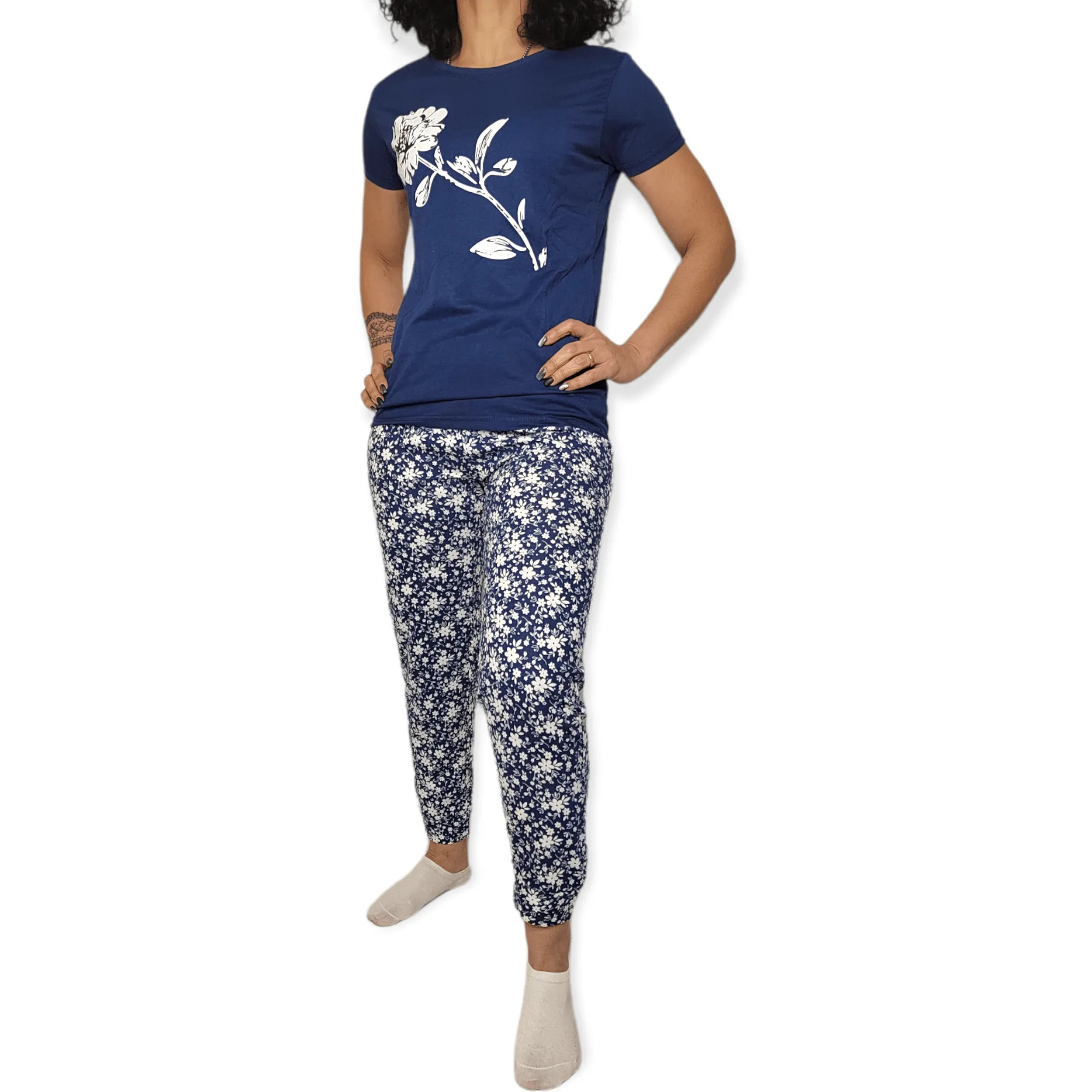 Women Pajama Set - Dark Blue x White flower