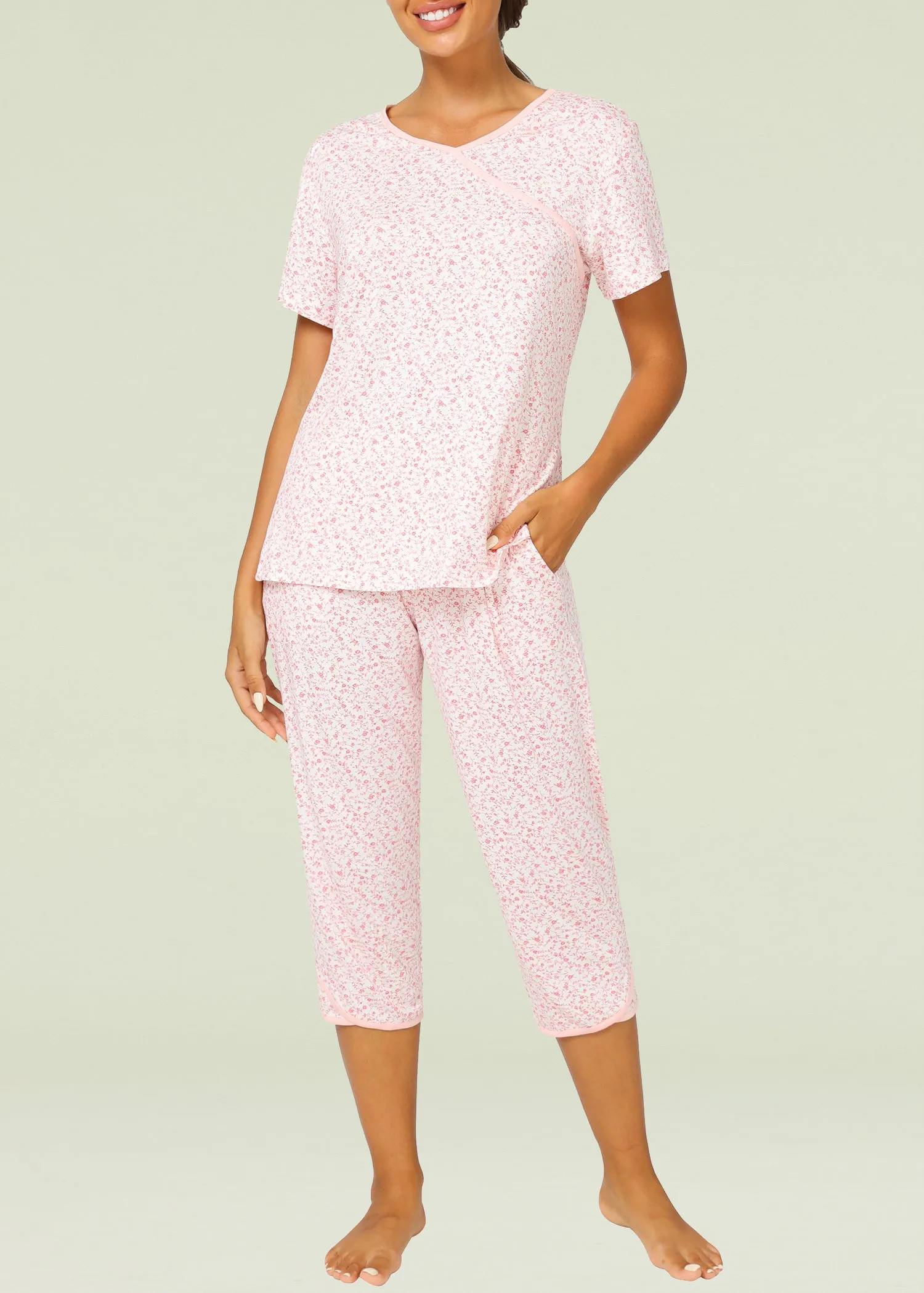 Women's Bamboo Viscose Floral Faux Wrap Top Capris Pajama Set