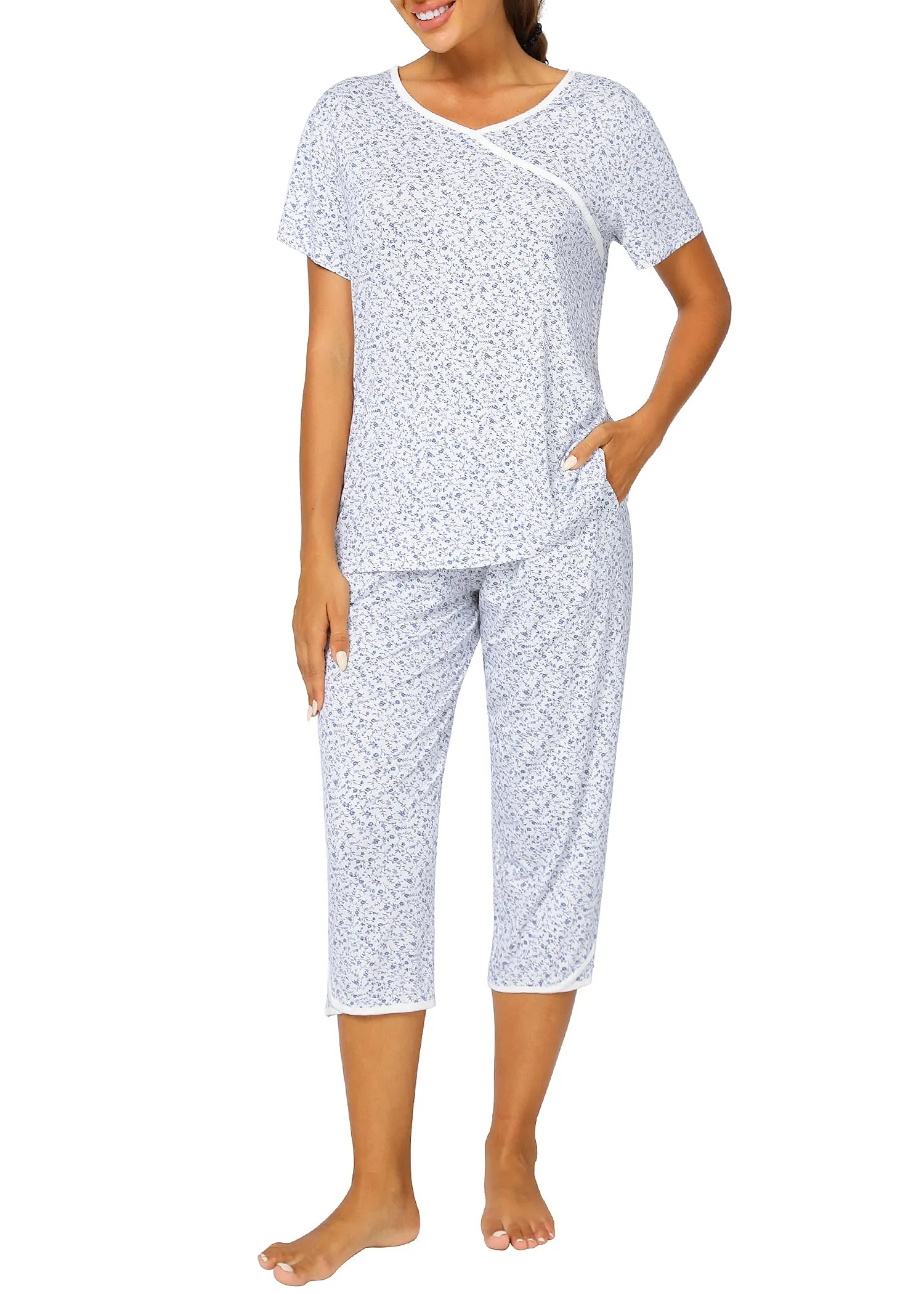 Women's Bamboo Viscose Floral Faux Wrap Top Capris Pajama Set
