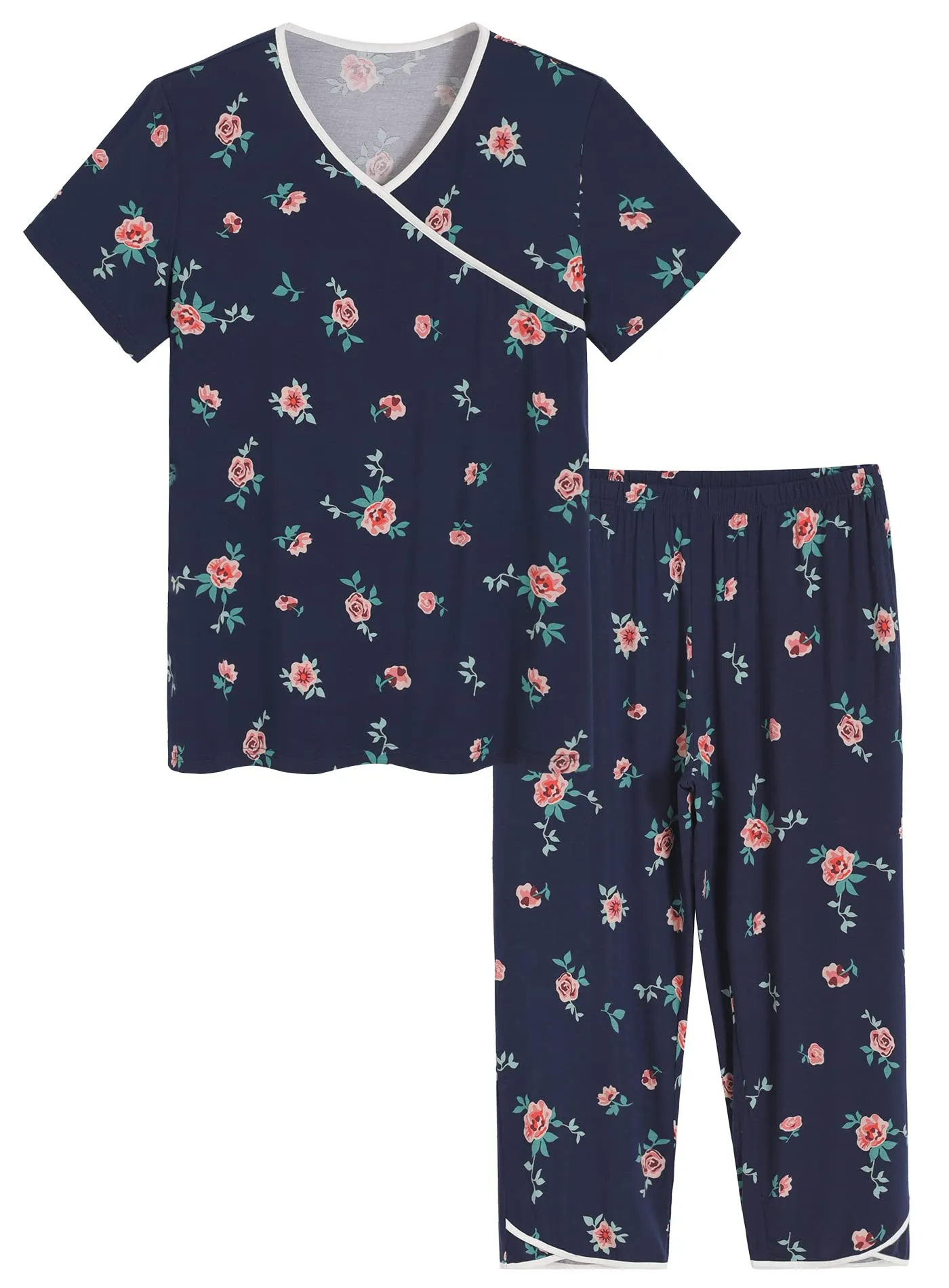 Women's Bamboo Viscose Floral Faux Wrap Top Capris Pajama Set