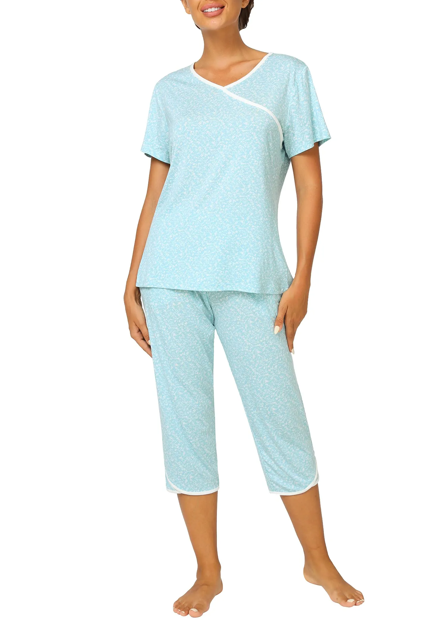 Women's Bamboo Viscose Floral Faux Wrap Top Capris Pajama Set