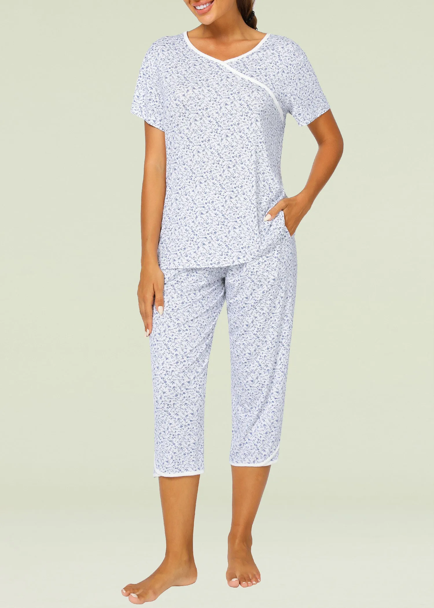 Women's Bamboo Viscose Floral Faux Wrap Top Capris Pajama Set