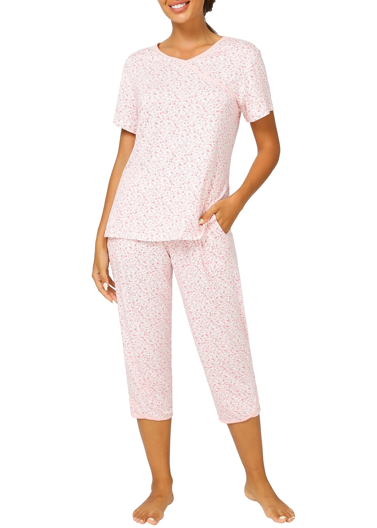Women's Bamboo Viscose Floral Faux Wrap Top Capris Pajama Set