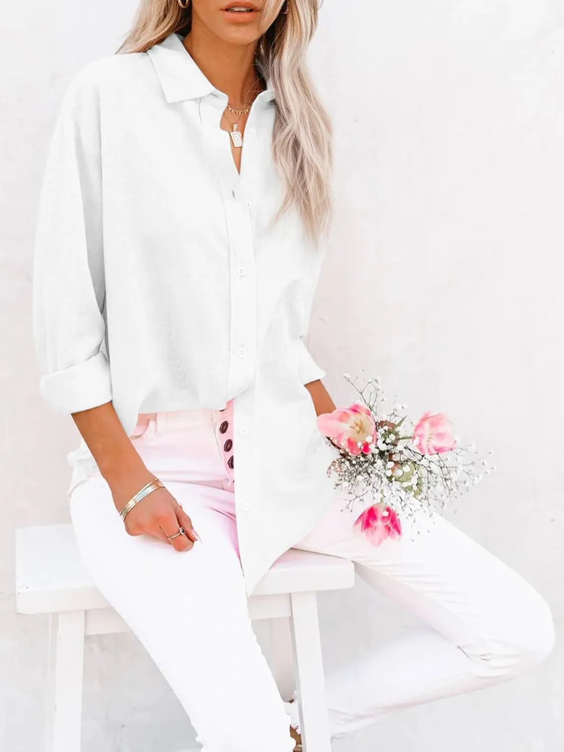 Womens Button Down Shirts Cotton Wrinkle Free Long Sleeve Tops Solid Stretch Dress Shirts Casual Work Office Blouses