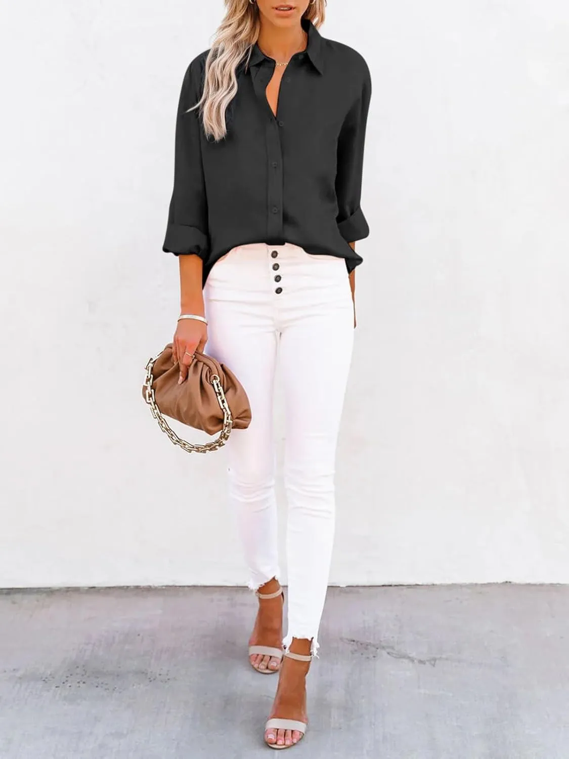 Womens Button Down Shirts Cotton Wrinkle Free Long Sleeve Tops Solid Stretch Dress Shirts Casual Work Office Blouses