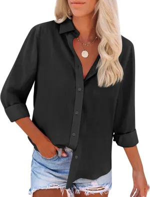 Womens Button Down Shirts Cotton Wrinkle Free Long Sleeve Tops Solid Stretch Dress Shirts Casual Work Office Blouses