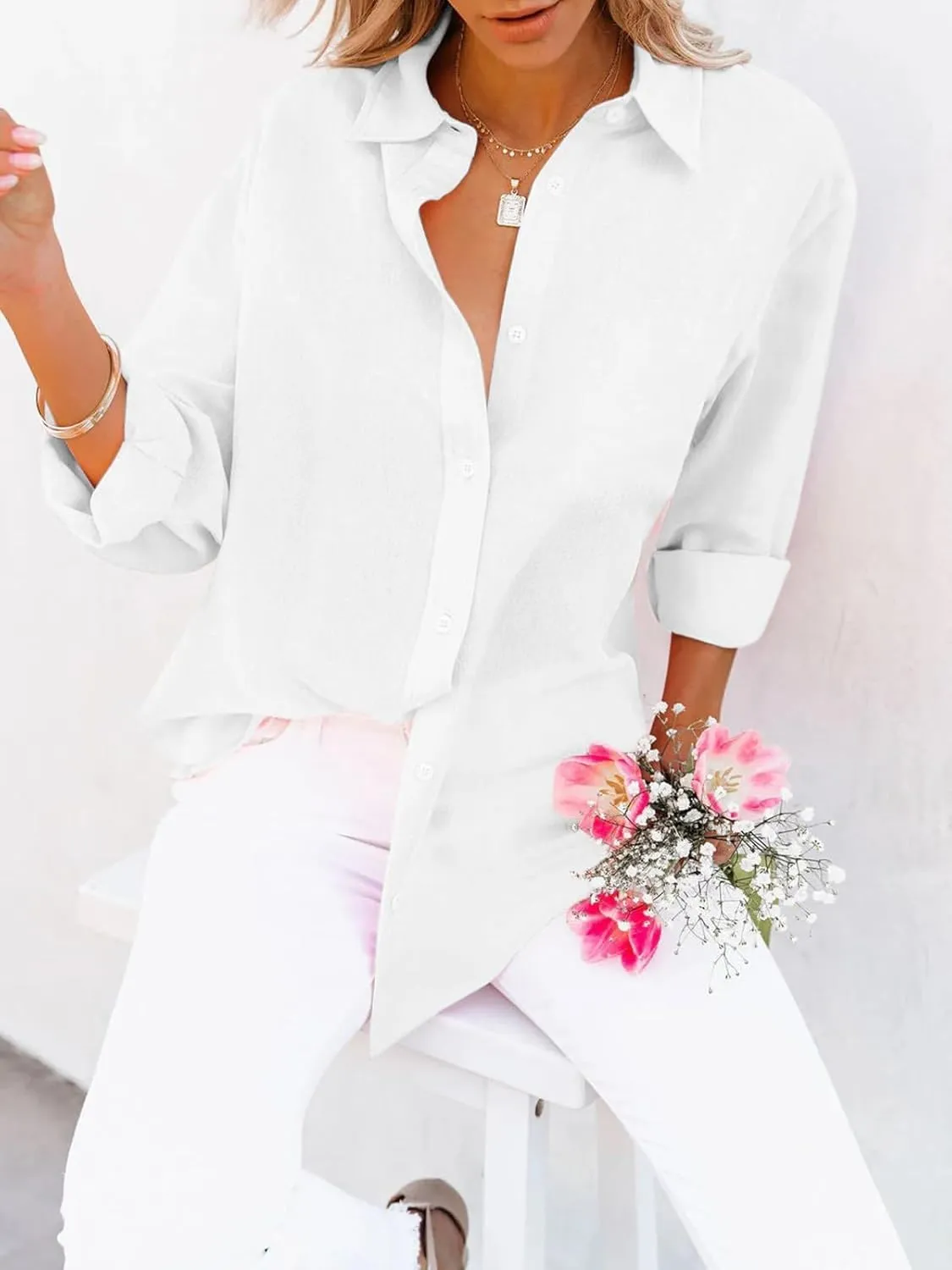 Womens Button Down Shirts Cotton Wrinkle Free Long Sleeve Tops Solid Stretch Dress Shirts Casual Work Office Blouses