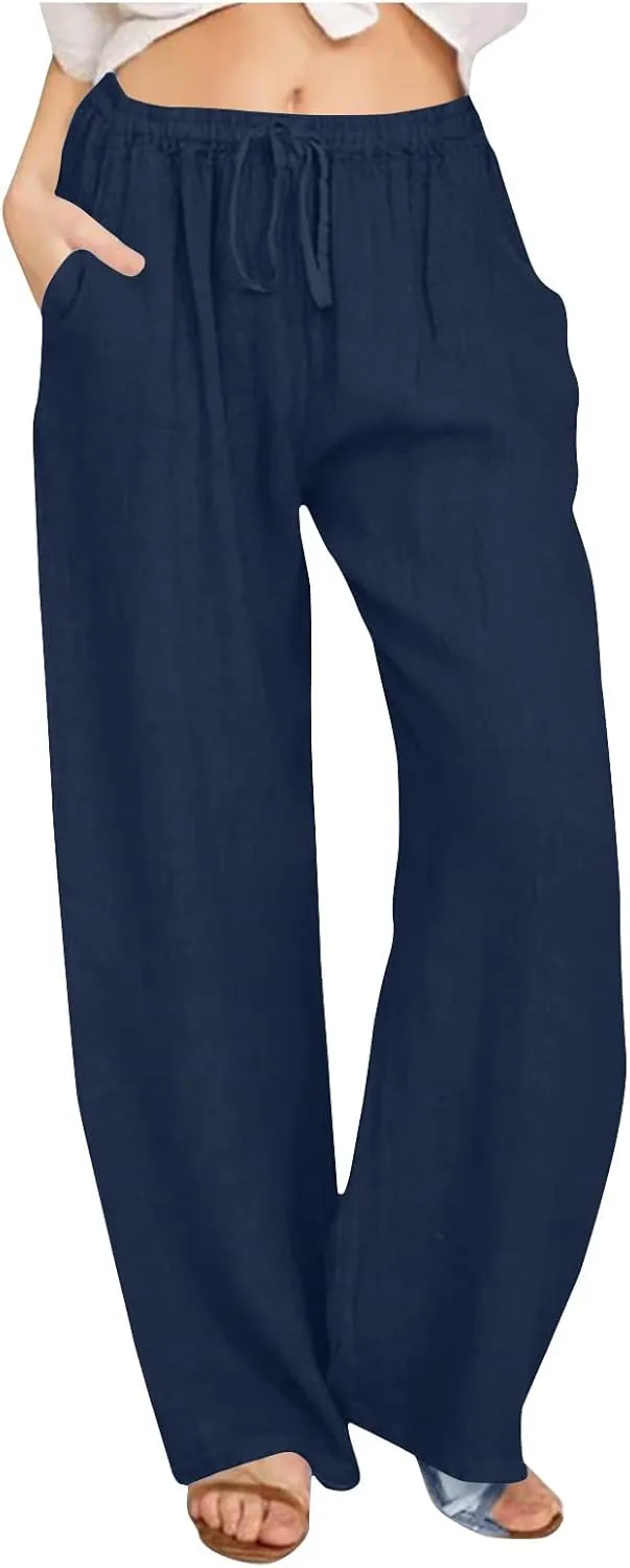 Women's Casual Cotton Linen Pants Solid Drawstring Waist Long Pants Loose Comfy Lightweight Trousers with Pockets