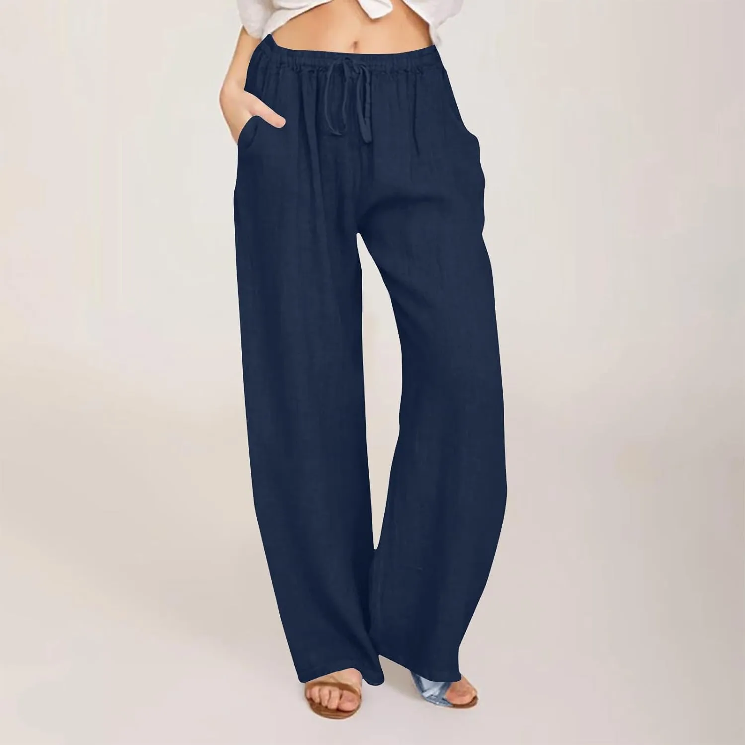 Women's Casual Cotton Linen Pants Solid Drawstring Waist Long Pants Loose Comfy Lightweight Trousers with Pockets