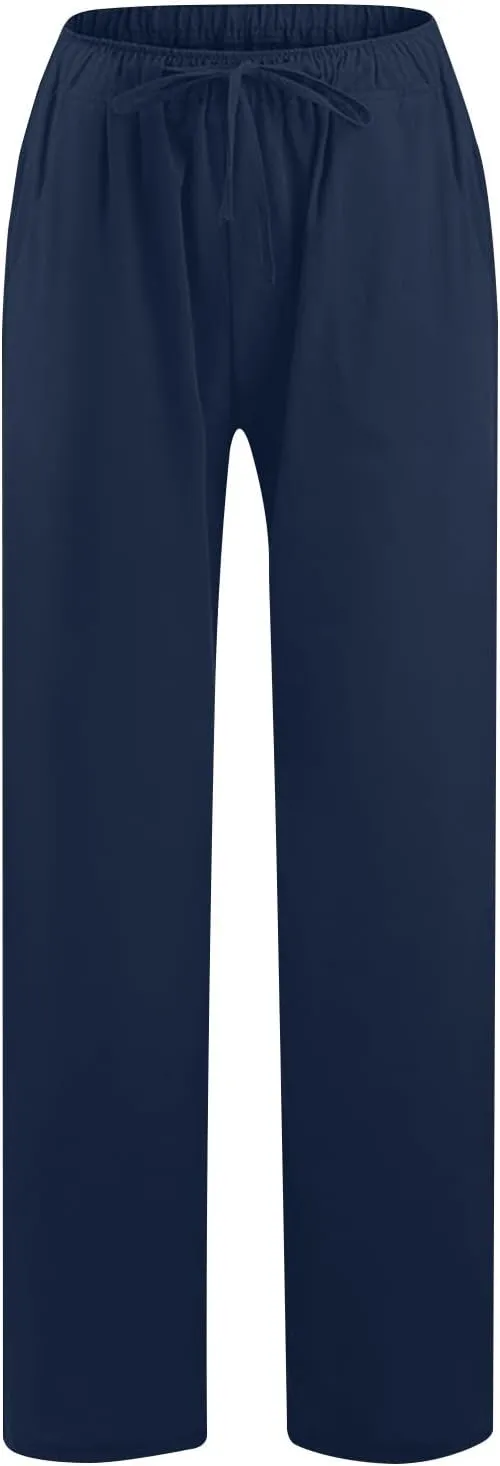 Women's Casual Cotton Linen Pants Solid Drawstring Waist Long Pants Loose Comfy Lightweight Trousers with Pockets