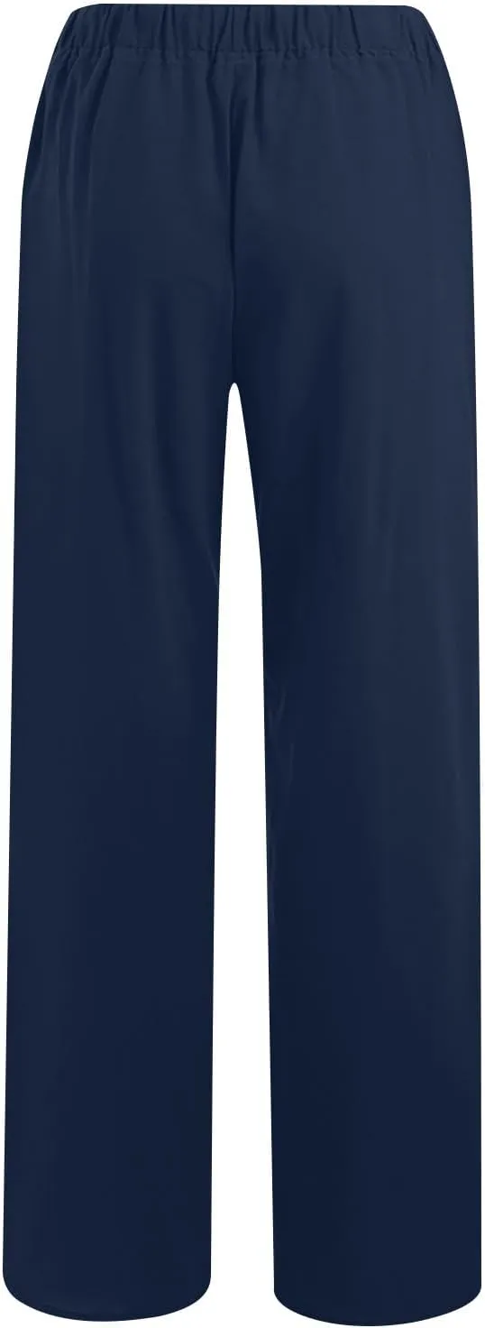 Women's Casual Cotton Linen Pants Solid Drawstring Waist Long Pants Loose Comfy Lightweight Trousers with Pockets