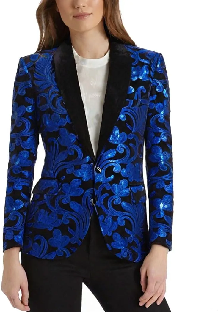 Women's Casual Long Sleeved Fashion Velvet Sequins Floral Pattern Suit Jacket Blazer