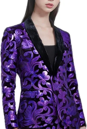 Women's Casual Long Sleeved Fashion Velvet Sequins Floral Pattern Suit Jacket Blazer