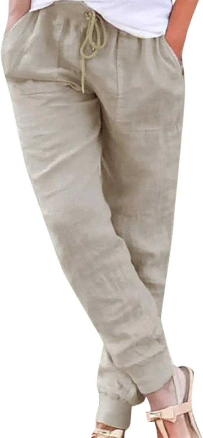 Womens Cotton Linen Jogger Pants Tapered Leg Summer Casual Back Elastic Waist Pants Drawstring Trousers with Pockets
