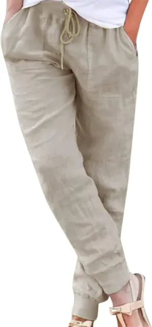Womens Cotton Linen Jogger Pants Tapered Leg Summer Casual Back Elastic Waist Pants Drawstring Trousers with Pockets