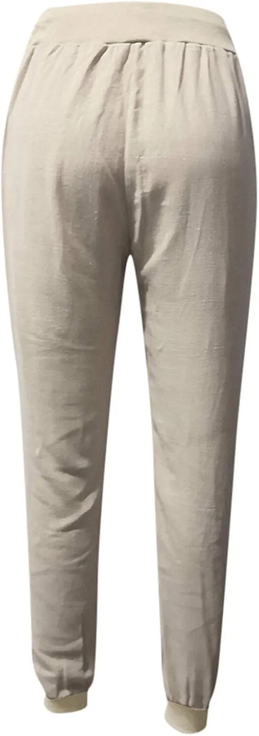 Womens Cotton Linen Jogger Pants Tapered Leg Summer Casual Back Elastic Waist Pants Drawstring Trousers with Pockets