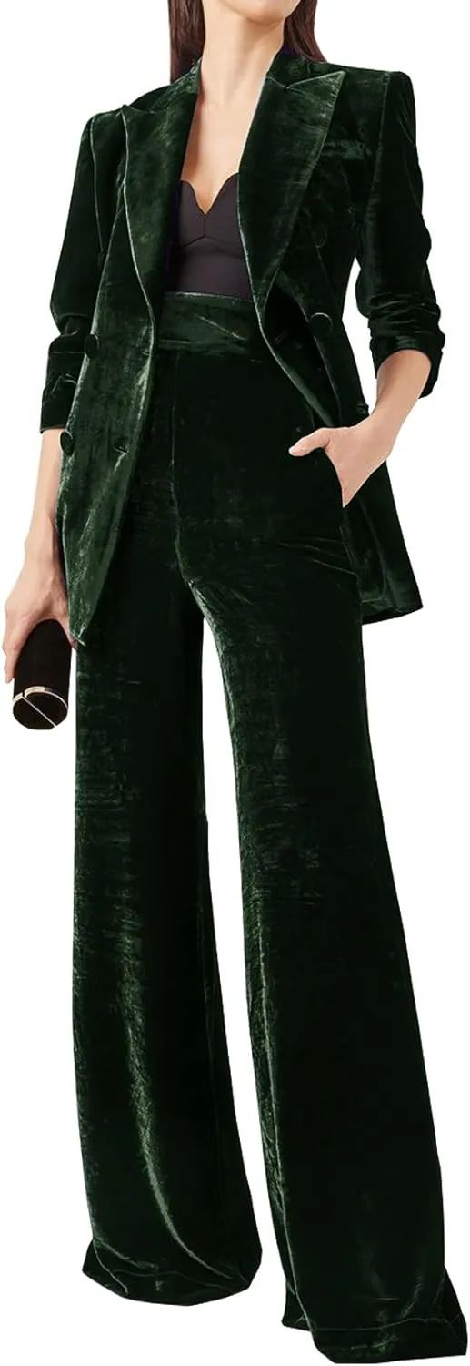 Women's Velvet 2 Piece Suit Office Lady Business Blazer&Pants Double Breasted Wedding Tuxedos
