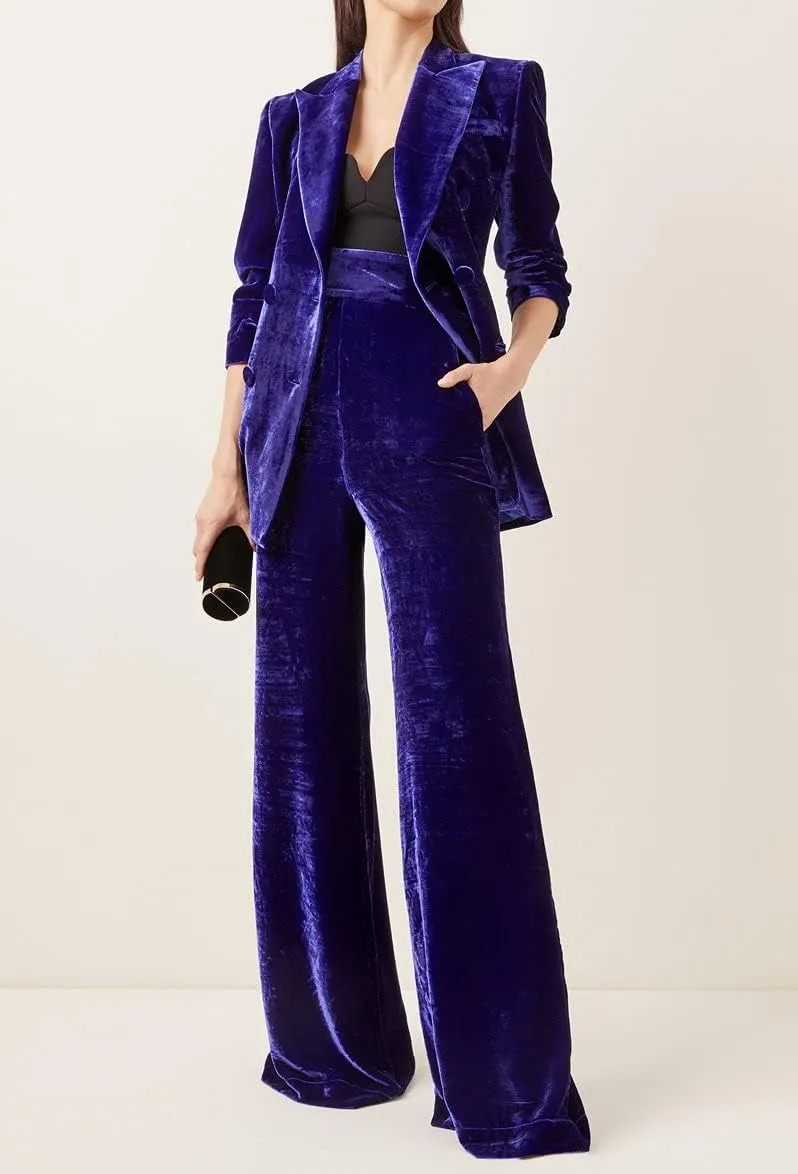 Women's Velvet 2 Piece Suit Office Lady Business Blazer&Pants Double Breasted Wedding Tuxedos