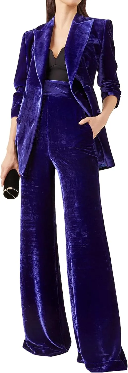 Women's Velvet 2 Piece Suit Office Lady Business Blazer&Pants Double Breasted Wedding Tuxedos