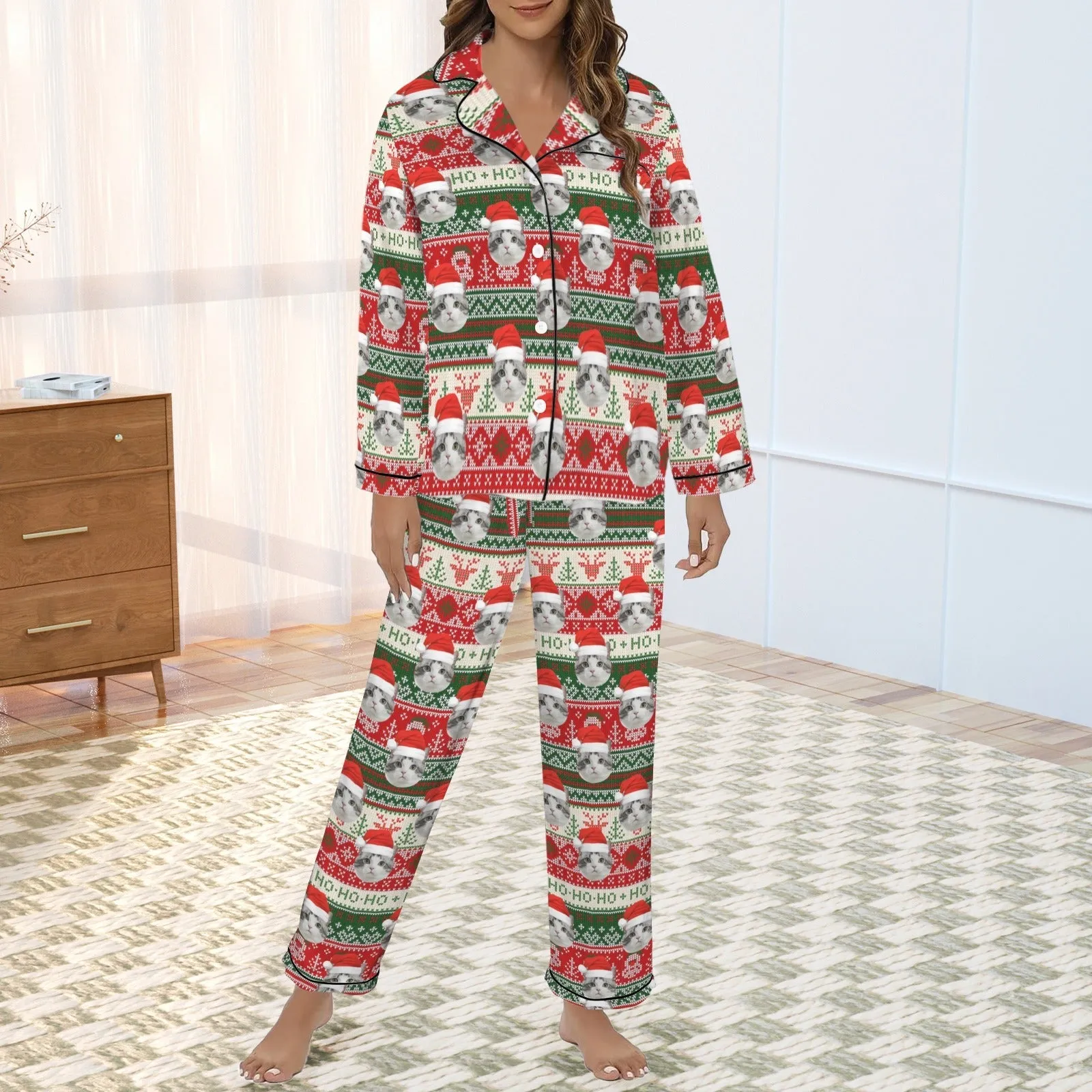 Xmas Special-Custom Pet Photo Christmas Gift Women's Long Sleeve Satin Pajamas Set