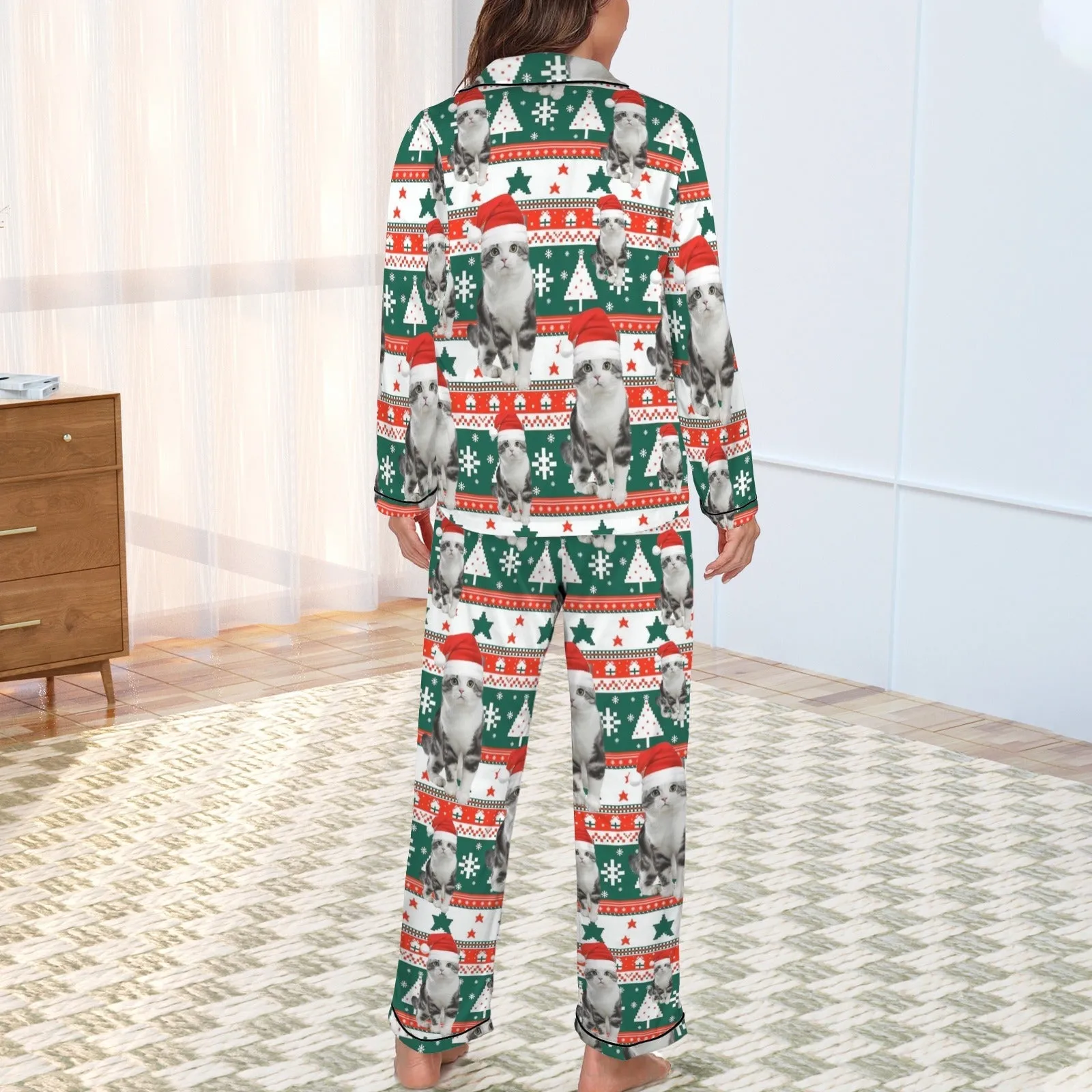 Xmas Special-Custom Pet Photo Christmas Gift Women's Long Sleeve Satin Pajamas Set