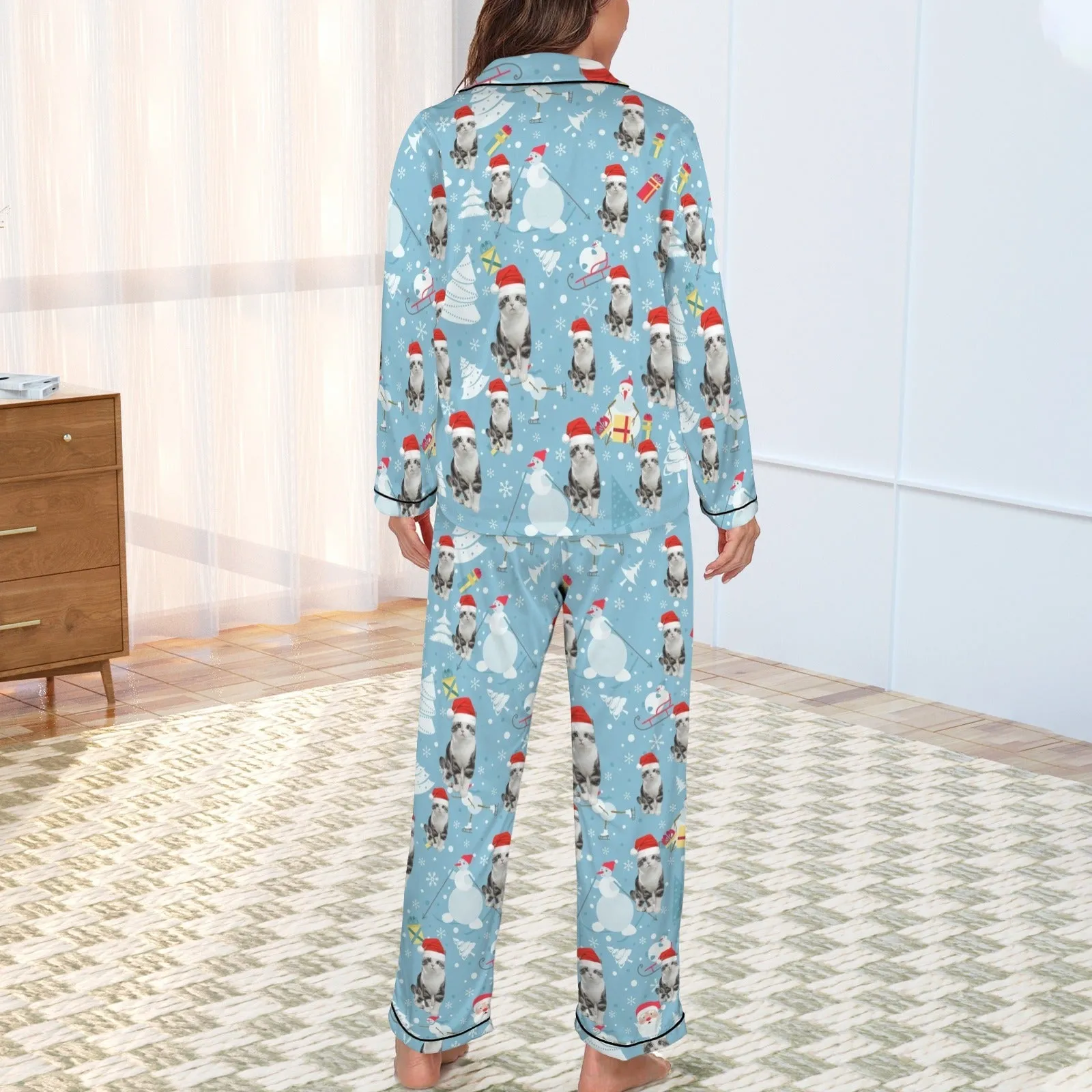 Xmas Special-Custom Pet Photo Christmas Gift Women's Long Sleeve Satin Pajamas Set