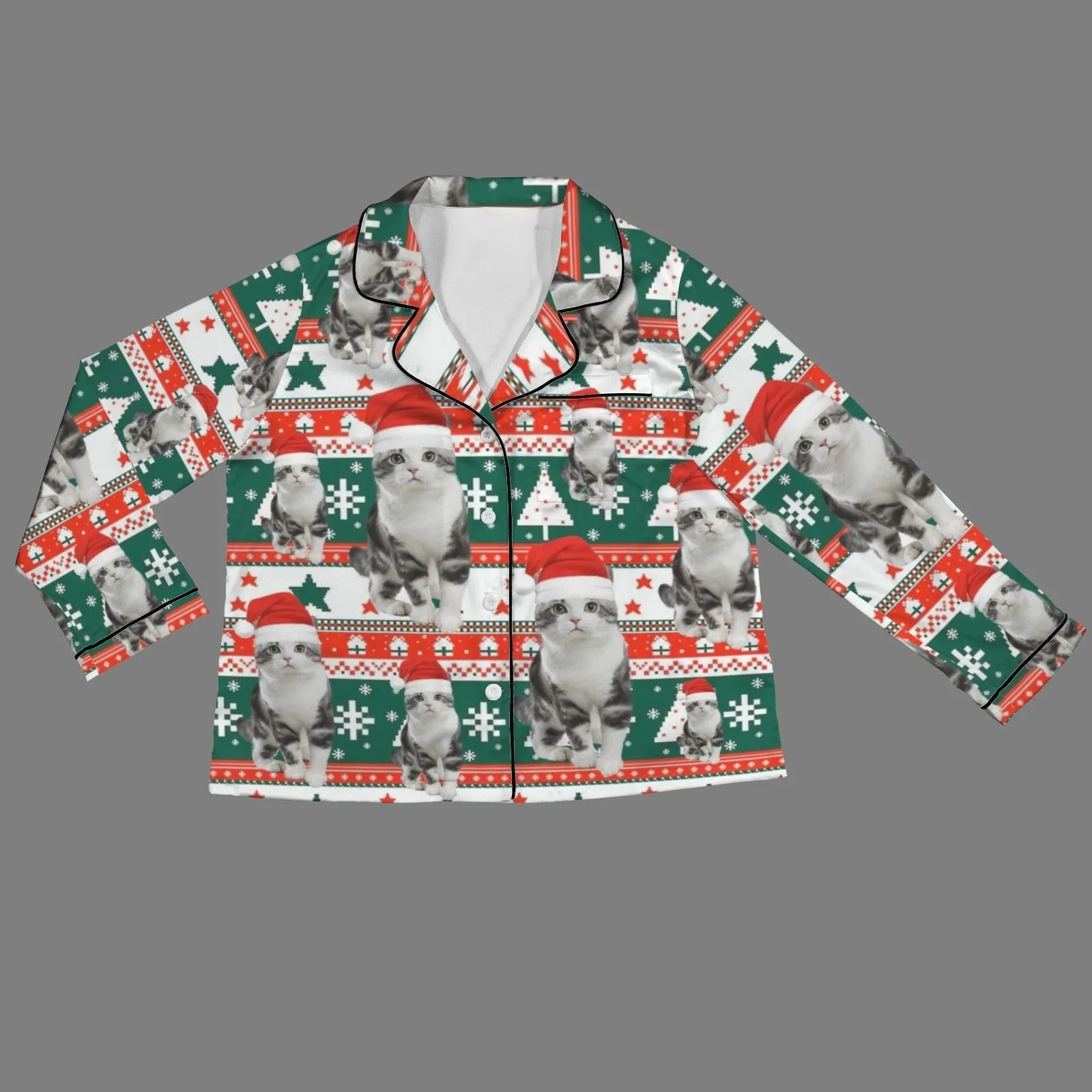 Xmas Special-Custom Pet Photo Christmas Gift Women's Long Sleeve Satin Pajamas Set