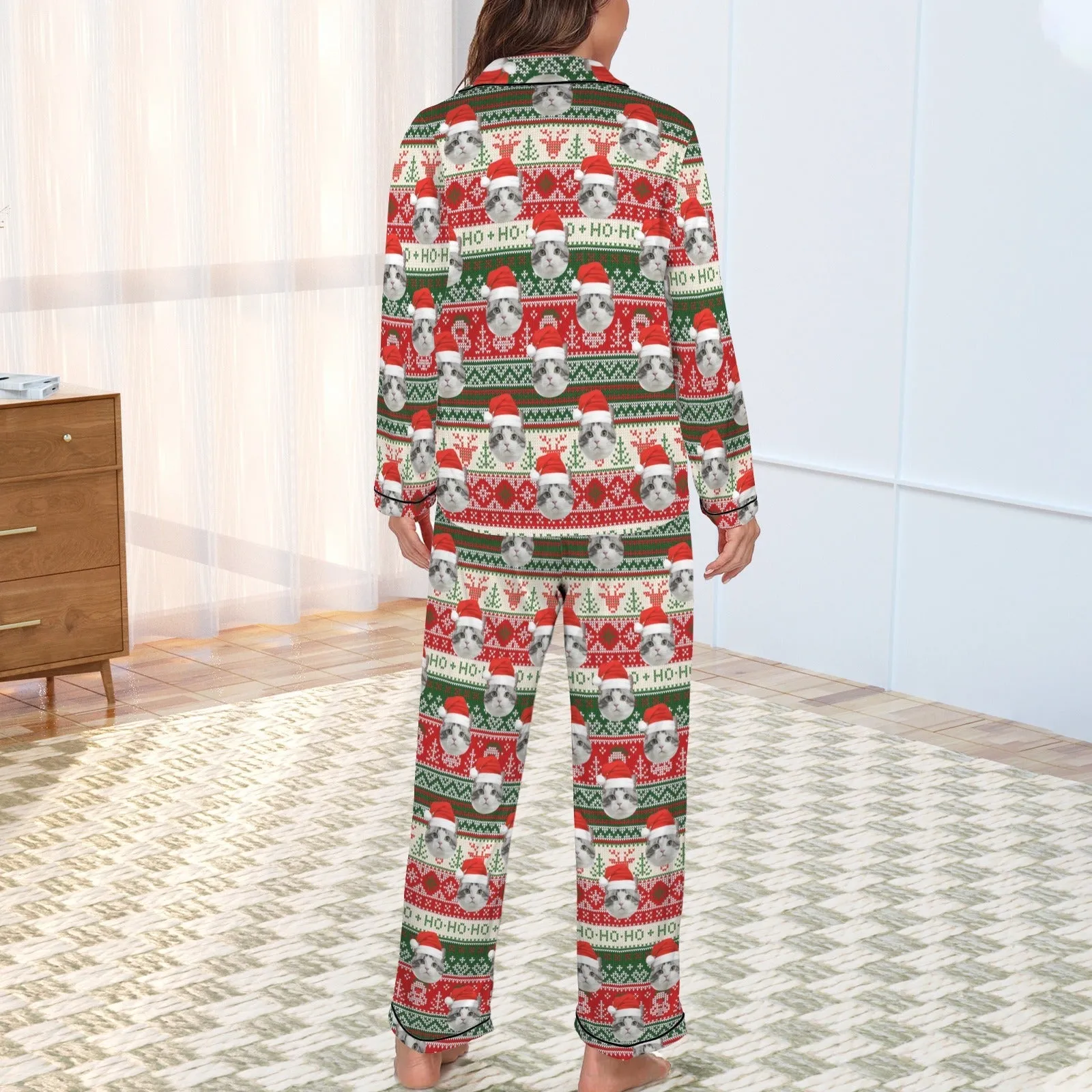 Xmas Special-Custom Pet Photo Christmas Gift Women's Long Sleeve Satin Pajamas Set
