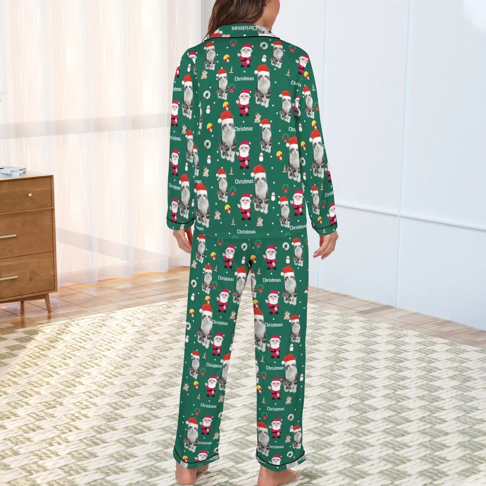 Xmas Special-Custom Pet Photo Christmas Gift Women's Long Sleeve Satin Pajamas Set