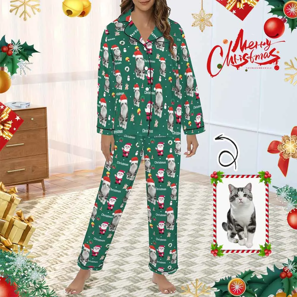 Xmas Special-Custom Pet Photo Christmas Gift Women's Long Sleeve Satin Pajamas Set