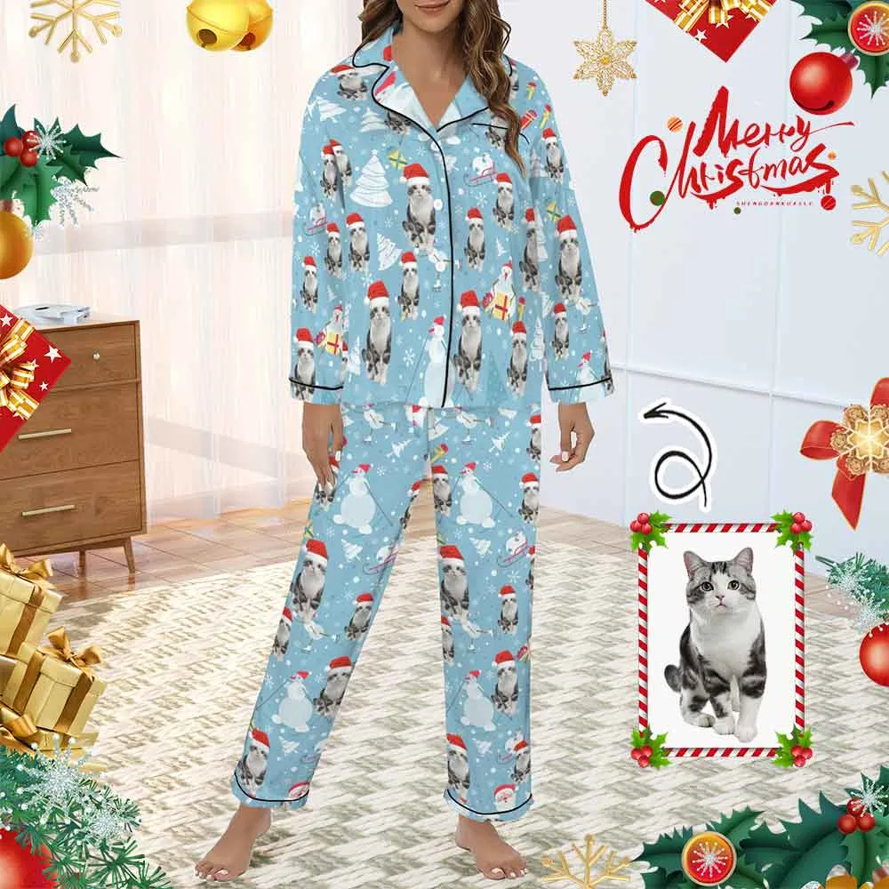 Xmas Special-Custom Pet Photo Christmas Gift Women's Long Sleeve Satin Pajamas Set