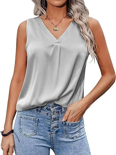 Zeagoo Womens 2025 Silk Satin Tank Tops V Neck Casual Cami Sleeveless Camisole Blouses Summer Basic Tank Shirt