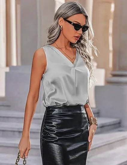 Zeagoo Womens 2025 Silk Satin Tank Tops V Neck Casual Cami Sleeveless Camisole Blouses Summer Basic Tank Shirt