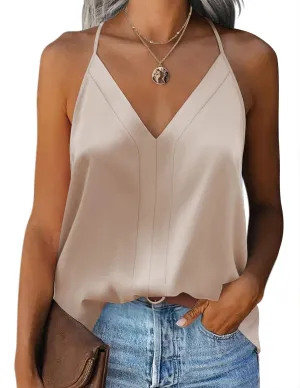 Zeagoo Womens Silk Satin Tank Tops V Neck Sleeveless Camisole Cami Spaghetti Straps Blouse Summer Loose Racerback Shirt